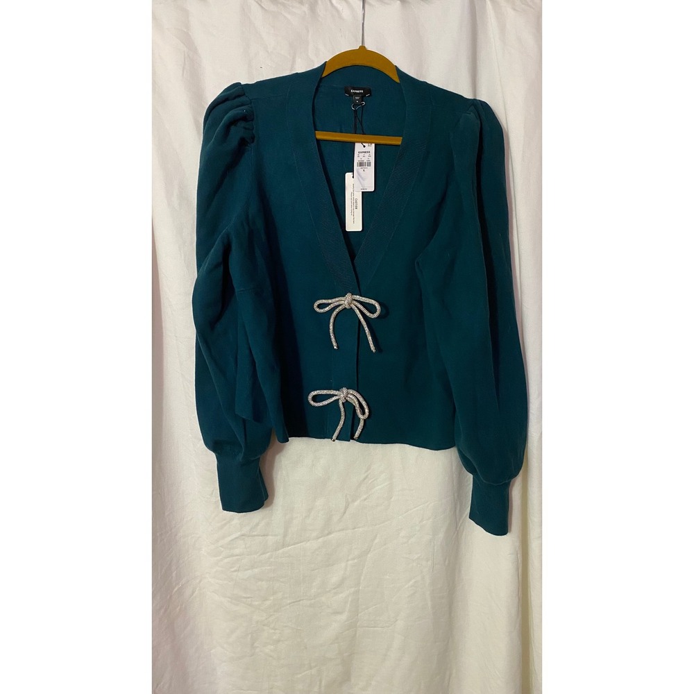 Express Teal Green Rhinestone Bow Puff Sleeve V-Neck Cardigan Sweater XL NWT